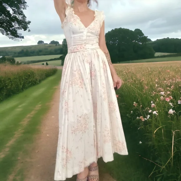 Vintage Pink and Cream Pleated Maxi Sundress - Picture 2 of 14